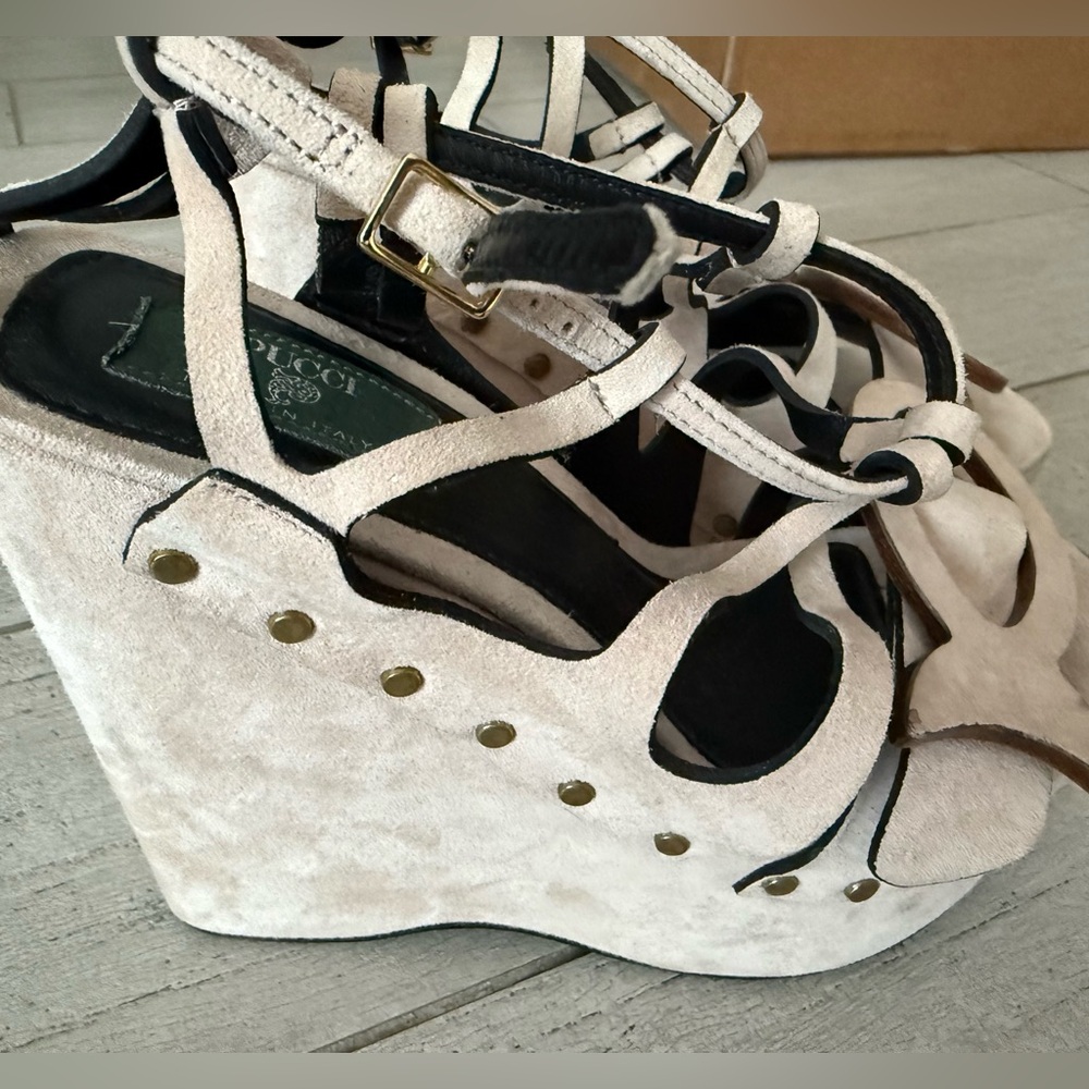 Pucci Tan Suede Leather Musa 140 Platform Summer Wedges - Size IT 37 / US 7 - Picture 3 of 7